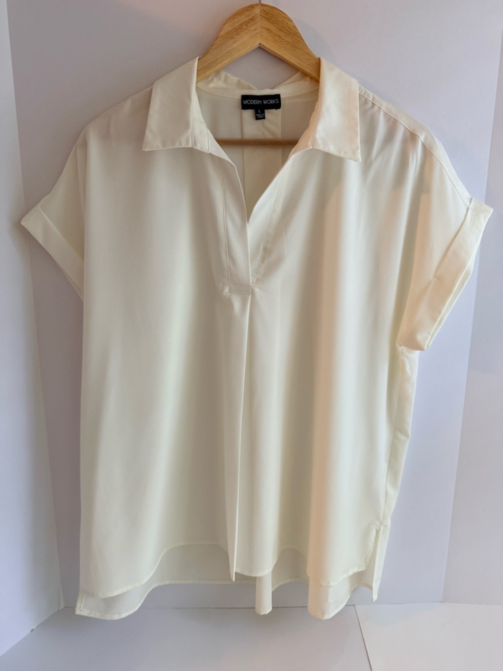 Modern Works Cream Short-Sleeve V-Neck Collared Blouse